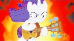 Size: 1280x720 | Tagged: safe, screencap, rarity, pony, unicorn, g4, honest apple, angry, badass, catasterism, discovery family logo, female, fire, gritted teeth, guitar, guitarity, heavy metal, mare, musical instrument, solo