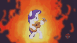 Size: 576x324 | Tagged: safe, screencap, rarity, pony, unicorn, g4, honest apple, season 7, angry, animated, badass, bipedal, brütal, female, fire, gif, gritted teeth, guitar, guitarity, heavy metal, logo, mare, metal, metal as fuck, musical instrument, perfect loop, solo