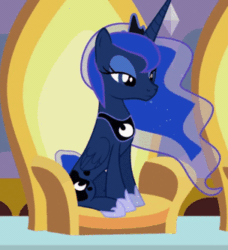 Size: 304x334 | Tagged: safe, artist:agrol, princess luna, alicorn, pony, princesses don't sleep, g4, :i, agrol is trying to murder us, animated, cropped, crown, cute, ethereal mane, eyes closed, female, flowing mane, gif, hoof shoes, implied twilight sparkle, jewelry, looking away, lunabetes, magic, mare, prank, regalia, silly, silly pony, sitting, smiling, solo focus, throne