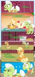 Size: 1919x4225 | Tagged: safe, artist:estories, applejack, bright mac, granny smith, pear butter, earth pony, pony, comic:a(pple)ffection, g4, comic, female, guitar, male, musical instrument, ship:brightbutter, shipping, straight
