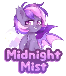 Size: 2489x2867 | Tagged: safe, artist:hawthornss, oc, oc only, oc:midnight mist, bat pony, badge, bat pony oc, blushing, chest fluff, cute, cute little fangs, ear fluff, fangs, high res, looking at you, simple background, smiling, sparkles, text, unshorn fetlocks, watermark, white background