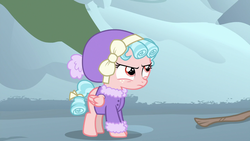 Size: 1280x720 | Tagged: safe, screencap, cozy glow, pegasus, pony, frenemies (episode), g4, annoyed, clothes, cozy glow is not amused, female, filly, foal, hat, mount everhoof, snow, solo, winter outfit