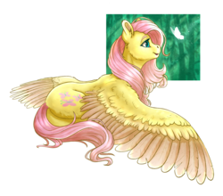 Size: 2814x2478 | Tagged: safe, artist:gaelledragons, fluttershy, butterfly, pegasus, pony, g4, cute, female, high res, looking at something, mare, shyabetes, smiling, solo, speedpaint available, white outline