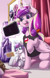 Size: 1650x2550 | Tagged: safe, artist:princrim, princess cadance, princess flurry heart, shining armor, alicorn, pony, g4, baby, bust, clothes, cute, diaper, family photo, female, foal, levitation, magic, mama cadence, mare, mother and daughter, mushroom, nintendo switch, nintendo switch lite, open mouth, pillow, playing, scrunchy face, shirt, sitting, smiling, super mario bros., teddy bear, telekinesis