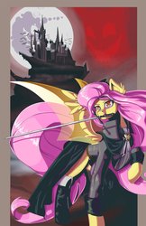 Size: 1650x2550 | Tagged: safe, artist:princrim, fluttershy, nightmare moon, bat pony, pony, vampire, g4, alucard, alucard (castlevania), alushy, alushy (castlevania version), badass, bat ponified, castle, castlevania, clothes, female, flutterbadass, flutterbat, full moon, mare, mare in the moon, moon, mouth hold, race swap, raised hoof, sword, weapon