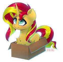 Size: 1286x1258 | Tagged: safe, artist:puetsua, sunset shimmer, pony, unicorn, g4, box, cardboard box, chest fluff, cute, female, if i fits i sits, mare, pony in a box, shimmerbetes, simple background, smiling, solo, white background