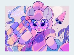 Size: 1400x1045 | Tagged: safe, artist:poneko-chan, pinkie pie, earth pony, pony, g4, cute, diapinkes, female, glasses, heart shaped glasses, mare, open mouth, solo, summer, watergun