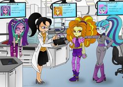 Size: 1280x906 | Tagged: safe, artist:lavenderrain24, adagio dazzle, aria blaze, sonata dusk, oc, oc:kara kaden, equestria girls, g4, catsuit, clothes, headband, lab coat, mind control, monitors, spiral, swirly eyes, the dazzlings