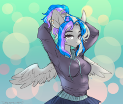 Size: 2714x2300 | Tagged: safe, artist:chocori, oc, oc only, oc:lunacae, pegasus, anthro, abstract background, anthro oc, hair tie, high res, looking at you, solo