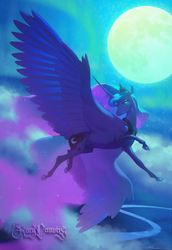 Size: 4000x5813 | Tagged: safe, artist:rocy canvas, princess luna, alicorn, pony, g4, absurd resolution, female, flying, hoers, looking back, mare, moon, night, signature, solo, spread wings, wings