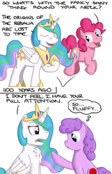 Size: 1080x1680 | Tagged: safe, artist:hoofclid, pinkie pie, princess celestia, alicorn, earth pony, pony, g4, chest fluff, comic, crown, cute, dialogue, female, flashback, fluffy, hoof shoes, jewelry, mare, missing accessory, open mouth, peytral, pronking, regalia, speech bubble, unknown pony