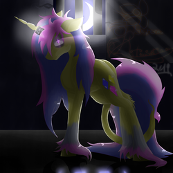 Size: 5800x5800 | Tagged: safe, artist:florarena-kitasatina/dragonborne fox, oc, oc only, oc:glittering gem, pony, absurd resolution, floppy ears, leonine tail, looking at you, magic suppression, messy mane, moon, prison, prison bars, runes, shading, signed, staring into your soul, the fourth wall cannot save you, unshorn fetlocks, watermark