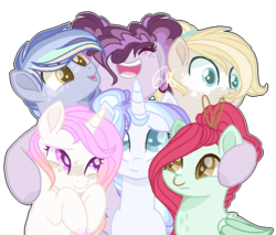 Size: 720x614 | Tagged: safe, artist:6-fingers-lover, oc, oc only, oc:angel blue, oc:poison ivy, oc:star tail, oc:sugar cane, dracony, earth pony, hybrid, pegasus, pony, unicorn, base used, female, group hug, hug, interspecies offspring, magical lesbian spawn, male, mare, nose piercing, nose ring, offspring, parent:fluttershy, parent:pinkie pie, parent:princess ember, parent:rainbow dash, parent:sugar belle, parent:twilight sparkle, parents:embershy, parents:sugarpie, parents:twidash, piercing, simple background, stallion, transparent background