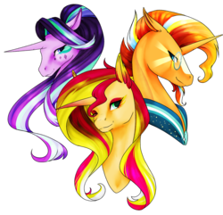 Size: 2050x1974 | Tagged: safe, artist:oneiria-fylakas, starlight glimmer, sunburst, sunset shimmer, pony, unicorn, g4, bust, female, male, mare, portrait, simple background, stallion, transparent background, trio