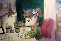Size: 5120x3461 | Tagged: safe, artist:lightisanasshole, oc, oc only, cat, pony, unicorn, book, bookshelf, brown eyes, brown mane, calm, chair, clothes, desk, flower, headphones, hoodie, levitation, lofi hip hop radio - beats to relax/study to, magic, music, night, notebook, ponytail, reference, room, scarf, sitting, smiling, solo, sweater, table, telekinesis, watercolor painting, window, writing