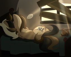 Size: 1300x1050 | Tagged: safe, artist:crimmharmony, oc, oc only, oc:115, earth pony, pony, fallout equestria, bed, bedroom, pillow, plushie, sleeping, solo, window