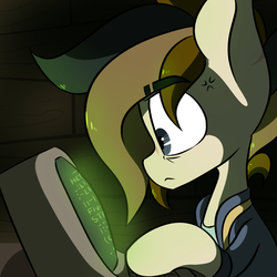 Size: 900x900 | Tagged: safe, artist:crimmharmony, oc, oc only, oc:115, earth pony, pony, fallout equestria, annoyed, clothes, computer, cross-popping veins, glyph, hacking, jumpsuit, solo, terminal, text, tired