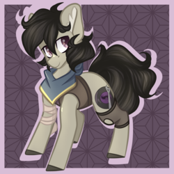 Size: 1050x1050 | Tagged: safe, artist:crimmharmony, oc, oc only, oc:octave slav, earth pony, pony, fallout equestria, abstract background, bandage, clothes, looking at you, neckerchief, patterned background, solo, vest