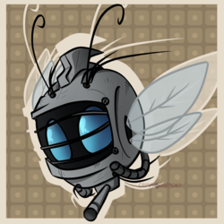 Size: 1050x1050 | Tagged: safe, artist:crimmharmony, oc, oc only, robot, fallout equestria, abstract background, antennae, barely pony related, drone, fallout, flying, insect wings, patterned background, scratches, solo, spritebot, wings