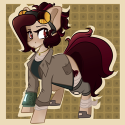 Size: 1050x1050 | Tagged: safe, artist:crimmharmony, oc, oc only, oc:crimm harmony, earth pony, pony, fallout equestria, abstract background, bandage, clothes, coat, female, goggles, jewelry, mare, necklace, patterned background, pipbuck, shirt, shoes, solo