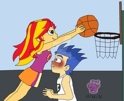 Size: 992x806 | Tagged: safe, artist:stella-exquisa, flash sentry, sunset shimmer, equestria girls, g4, basketball, blushing, breasts, deviantart watermark, eyes on the prize, female, male, obtrusive watermark, ship:flashimmer, shipping, sports, straight, watermark