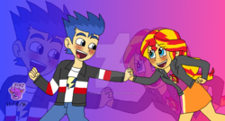 Size: 1024x554 | Tagged: safe, artist:stella-exquisa, flash sentry, sunset shimmer, equestria girls, g4, female, holding hands, male, ship:flashimmer, shipping, straight, zoom layer