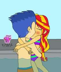 Size: 824x969 | Tagged: safe, artist:stella-exquisa, flash sentry, sunset shimmer, equestria girls, g4, bikini, clothes, deviantart watermark, female, kissing, male, obtrusive watermark, ship:flashimmer, shipping, straight, swimming pool, swimsuit, watermark