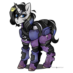 Size: 1050x1050 | Tagged: safe, artist:crimmharmony, oc, oc only, oc:shadow spade, pony, unicorn, fallout equestria, fallout equestria: kingpin, armor, beauty mark, black eyeshadow, blank, blank of rarity, commissioner:genki, dead eyes, dirty, eyeshadow, gun, handgun, justice mare, makeup, moa stealth armor, not rarity, pistol, power armor, simple background, solo, weapon, white background