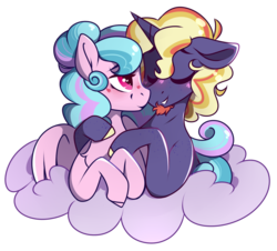Size: 1050x950 | Tagged: safe, artist:crimmharmony, oc, oc only, oc:lillith star, unnamed oc, pegasus, pony, unicorn, blushing, bust, cloud, couple, duo, female, looking at each other, male, mare, simple background, stallion, transparent background