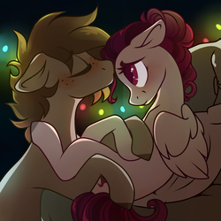 Size: 2500x2500 | Tagged: safe, artist:crimmharmony, oc, oc only, oc:crimm harmony, oc:stitched laces, earth pony, pegasus, pony, blushing, christmas, christmas lights, couch, couple, duo, embrace, female, high res, holiday, kissing, looking at each other, male, mare, oc x oc, shipping, simple background, sitting, stallion, stimony, straight