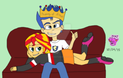 Size: 1024x653 | Tagged: safe, artist:stella-exquisa, flash sentry, sunset shimmer, equestria girls, g4, couch, crown, female, jewelry, male, property of sunset, regalia, ship:flashimmer, shipping, straight
