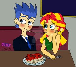 Size: 955x836 | Tagged: safe, artist:stella-exquisa, flash sentry, sunset shimmer, equestria girls, g4, clothes, cute, deviantart watermark, diasentres, disney, dress, duo, female, food, lady and the tramp, male, necktie, obtrusive watermark, pasta, shimmerbetes, ship:flashimmer, shipping, spaghetti, spaghetti scene, straight, suit, sweet dreams fuel, watermark