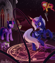 Size: 1300x1500 | Tagged: dead source, safe, artist:gluemakers, fluttershy, spike, trixie, twilight sparkle, pony, unicorn, g4, butt, context is for the weak, derp, female, full moon, glowing horn, gun, handgun, harness, horn, magic, magic circle, male, mare, moon, not salmon, notepad, plot, quill, revolver, tack, telekinesis, unicorn twilight, wat, whip