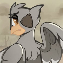 Size: 600x600 | Tagged: safe, artist:crimmharmony, oc, oc only, unnamed oc, griffon, fallout equestria, bust, cloud, cloudy, eyepatch, forest, griffon oc, solo, tree, wings