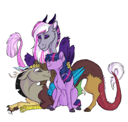 Size: 916x873 | Tagged: safe, artist:shimazun, discord, twilight sparkle, oc, oc:pandora, draconequus, hybrid, pony, unicorn, pandoraverse, g4, draconequus oc, eyes closed, family, father and daughter, female, interspecies offspring, male, mare, mother and daughter, next generation, offspring, parent:discord, parent:twilight sparkle, parents:discolight, realistic horse legs, ship:discolight, shipping, simple background, straight, transparent background, trio, unicorn twilight