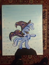 Size: 3120x4160 | Tagged: safe, artist:annuthecatgirl, trixie, pony, unicorn, g4, black light, black light reactive, eyes closed, female, glow in the dark, mare, painting, rearing, solo, traditional art
