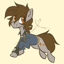 Size: 700x700 | Tagged: safe, artist:crimmharmony, oc, oc only, oc:stitched laces, pony, unicorn, fallout equestria, clothes, fanfic, fanfic art, female, heart, hooves, jumpsuit, looking back, mare, not littlepip, pipbuck, simple background, solo, vault suit, yellow background
