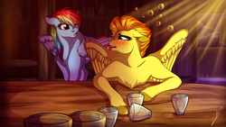 Size: 3840x2160 | Tagged: safe, artist:lupiarts, rainbow dash, spitfire, pegasus, pony, g4, 4k, alcohol, bar, blushing, collaboration, drunk, female, glass, high res, implied spitdash, lesbian, looking at each other, ship:spitdash, shipping, tipsyfire, tragic