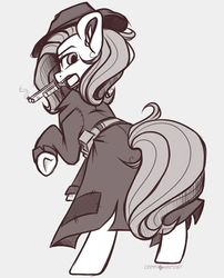 Size: 750x926 | Tagged: safe, artist:crimmharmony, oc, oc only, oc:nubes mortem, earth pony, pony, fallout equestria, belt, clothes, coat, female, gun, handgun, hat, implied tail hole, looking at you, looking back, looking back at you, mare, monochrome, pistol, rear view, rearing, simple background, solo, white background