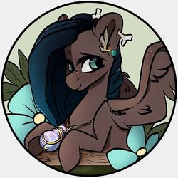 Size: 750x750 | Tagged: safe, artist:crimmharmony, oc, oc only, oc:creative twist, pegasus, pony, amulet, bone, bottle, bust, crescent moon, cute, ear fluff, ear piercing, earring, female, flower, gold, jewelry, lidded eyes, long mane, mare, moon, necklace, pegasus oc, piercing, plant, potion, ring, simple background, solo, spread wings, white background, wings