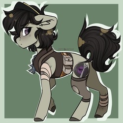 Size: 1050x1050 | Tagged: safe, artist:crimmharmony, oc, oc only, oc:octave slav, earth pony, pony, fallout equestria, bandage, bandana, butt, clothes, green background, injured, looking back, male, neckerchief, plot, simple background, solo, stallion, vest