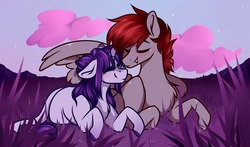 Size: 1080x633 | Tagged: safe, artist:crimmharmony, oc, pegasus, pony, unicorn, blushing, cloud, couple, cute, cute little fangs, duo, fangs, female, field, grass, grass field, hug, leonine tail, looking at each other, male, mare, stallion, stars, sunset, winghug
