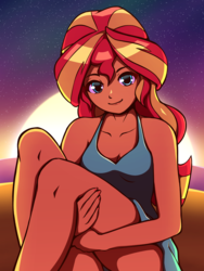 Size: 1800x2400 | Tagged: safe, artist:rockset, sunset shimmer, equestria girls, g4, breasts, cleavage, clothes, crossed legs, dress, female, legs, looking at you, smiling, solo, sunset