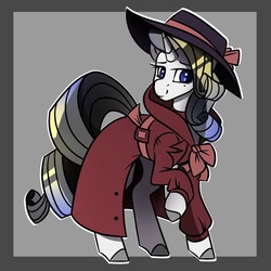 Size: 1050x1050 | Tagged: safe, artist:crimmharmony, oc, oc only, oc:shadow spade, pony, unicorn, fallout equestria, fallout equestria: kingpin, beauty mark, blank, blank of rarity, blue eyes, clothes, coat, commissioner:genki, detective, detective rarity, gray background, hat, justice mare, lawbringer, not rarity, simple background, solo, standing, trenchcoat, unicorn oc