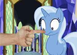 Size: 640x457 | Tagged: safe, edit, edited screencap, editor:undeadponysoldier, screencap, spike, trixie, human, pony, unicorn, all bottled up, g4, boop, cute, diatrixes, female, hand, irl, irl human, mare, photo, twilight's castle