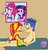 Size: 879x910 | Tagged: safe, artist:stella-exquisa, flash sentry, pinkie pie, sunset shimmer, twilight sparkle, equestria girls, g4, beach, belly button, bikini, blushing, clothes, female, male, partial nudity, ship:flashimmer, shipping, straight, swimsuit, topless, trip