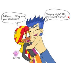 Size: 951x840 | Tagged: safe, artist:stella-exquisa, flash sentry, sunset shimmer, equestria girls, g4, bad touch, blushing, clothes, female, hape, hug, jeans, male, pants, partial nudity, personal space invasion, ship:flashimmer, shipping, straight, topless