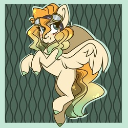 Size: 900x900 | Tagged: safe, artist:crimmharmony, oc, oc only, unnamed oc, pegasus, pony, abstract background, art trade, blushing, female, flying, goggles, green background, mare, simple background, solo, spread wings, wings