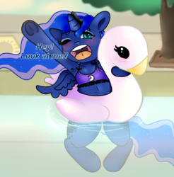 Size: 1952x1980 | Tagged: safe, artist:anykoe, princess luna, alicorn, pony, g4, armpits, bikini, blushing, clothes, cute, female, floaty, inflatable, inflatable bird, lunabetes, one eye closed, open mouth, pool toy, solo, swimming pool, swimsuit, wingding eyes