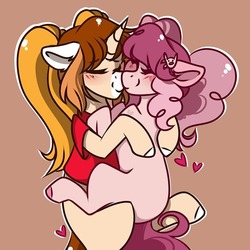 Size: 800x800 | Tagged: safe, artist:crimmharmony, oc, oc only, oc:winnie, unnamed oc, earth pony, pony, unicorn, brown background, couple, duo, embrace, female, heart, kissing, lesbian, mare, shipping, simple background, sitting